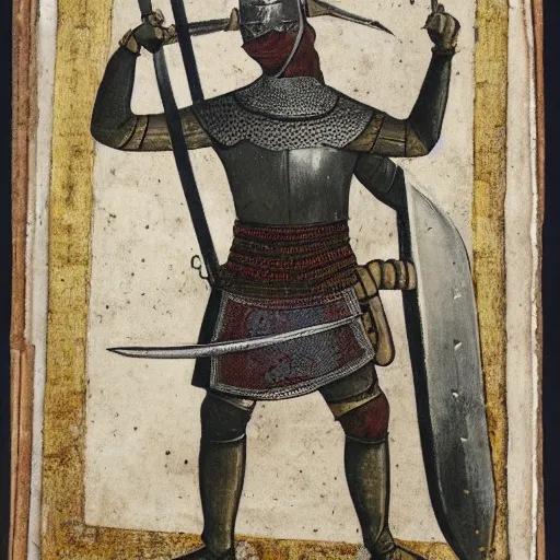 Prompt: photograph of a medieval warrior from koingation with wolf ears and a wolf tail, holding an arming sword wearing light leather armor