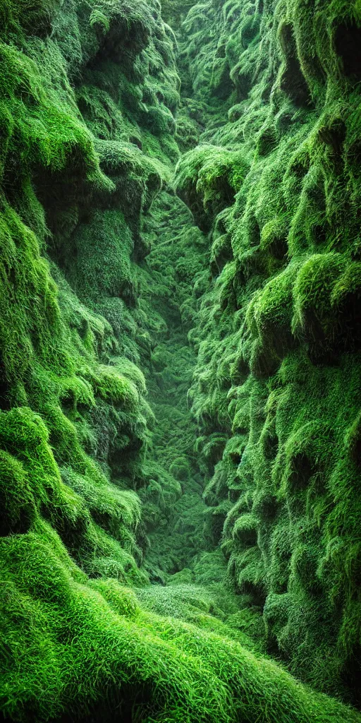 Image similar to dream looking through, a hyper realistic photograph fertile, lush mossy ferns canyon, ferns, minimalist structure, misty, raining, icelandic valley, in the style of reuben wu, roger deakins