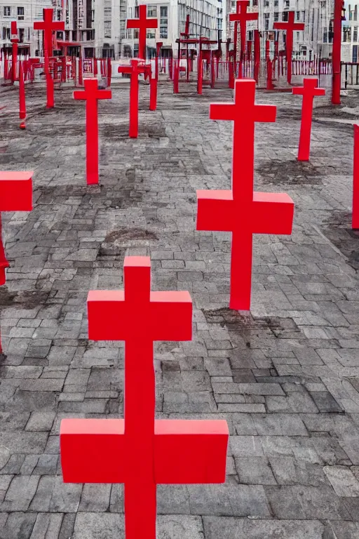 Prompt: Three giant red crosses in the center of a city