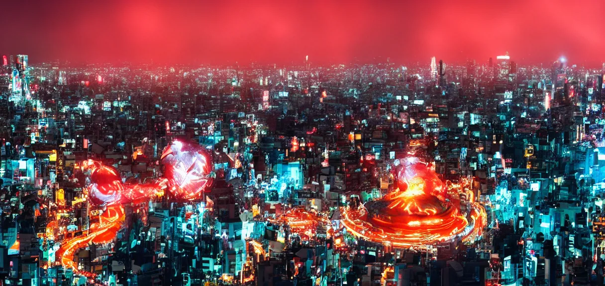 Prompt: A beautiful wide shot of an enormous Mickey Mouse destroying the night city of Tokyo, cinematic, anamorphic 35 mm lens, cinematic, anamorphic lens flares 4k