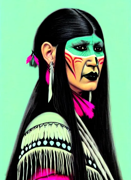 Image similar to portrait of a native american woman with a crooked nose and a confident expression, 1 9 6 0 s, black clothes, goth, punk, brightly coloured hair, funk, intricate, elegant, highly detailed, digital painting, artstation, concept art, smooth, sharp focus, illustration, art by wlop, mars ravelo and greg rutkowski