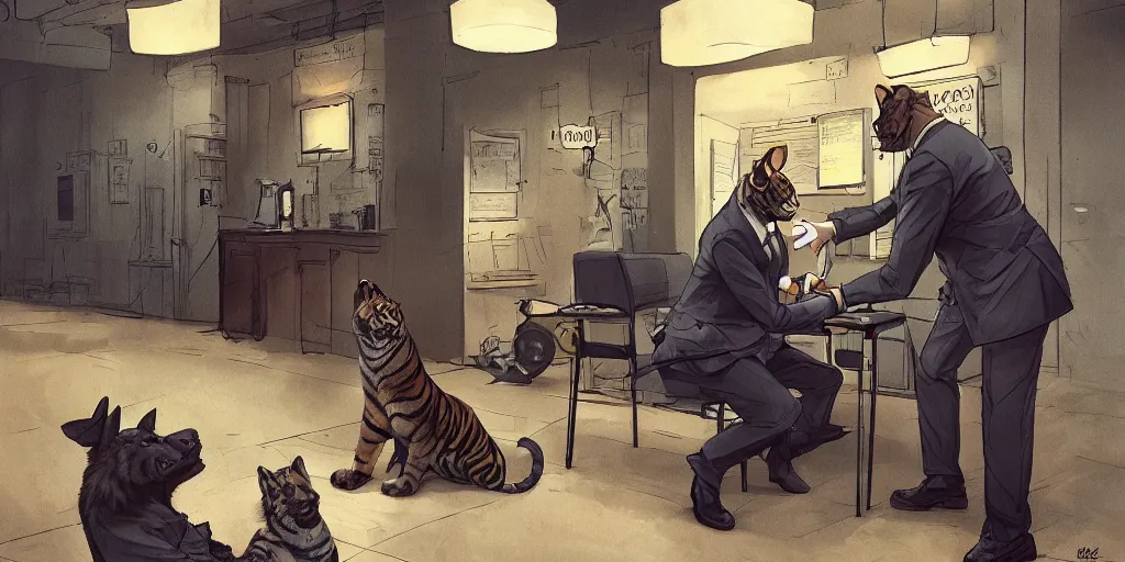 Image similar to a tiger in a suit is being interrogated by a detective dog at the police station, zenith view, warm color palette, night time, dramatic lighting, noir film, fine details, high contrast, blacksad, kim jung gi, greg rutkowski, trending on artstation, 8 k, ultra wide angle