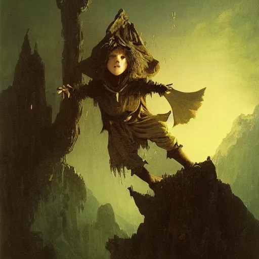 Image similar to portrait of small pale cowardly hobbit man wearing dark cloak, funny artwork, looking terrified, close shot, round face, fantasy artwork, dnd, looking sideways, high fantasy, by karl spitzweg, whimsical