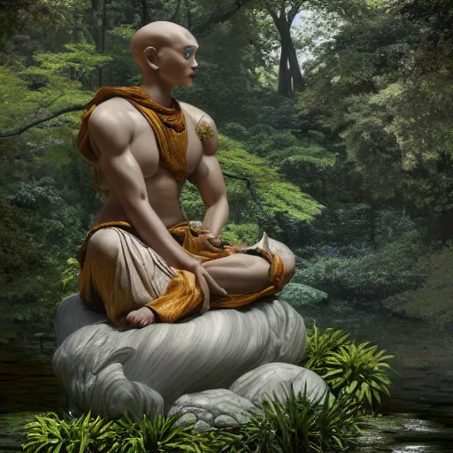 Prompt: marble statue of avatar aang meditating in a rococo japanese garden, accurate details, detailed full body, dramatic, intricate, elegant, highly detailed, digital painting, artstation, concept art, sharp focus, illustration, art by gustave dore, octane render