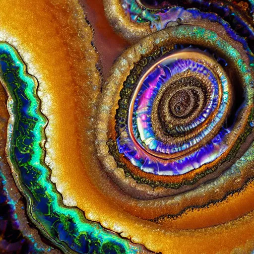 Image similar to Art Nouveau cresting oil slick waves, hyperdetailed bubbles in a shiny iridescent oil slick wave, ammolite, detailed giant opalized ammonite shell, black opal, abalone, paua shell, ornate copper patina medieval ornament, rococo, oganic rippling spirals, octane render, 8k 3D, druzy geode, cresting waves and seafoam