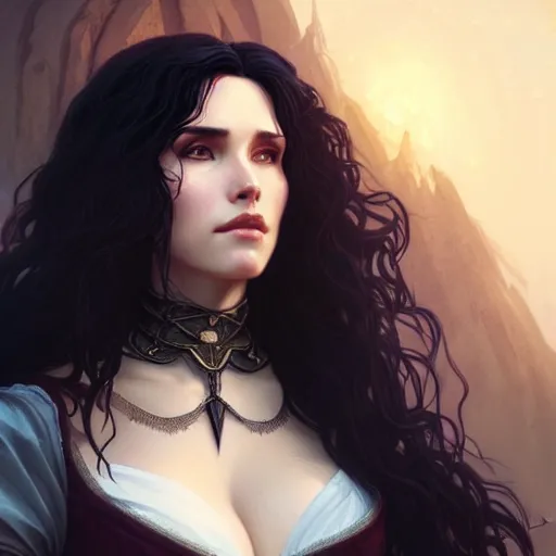 Image similar to portrait of Yennefer from the Witcher, D&D, fantasy, intricate, elegant, highly detailed, digital painting, artstation, concept art, matte, sharp focus, illustration, art by Artgerm and Greg Rutkowski and Alphonse Mucha