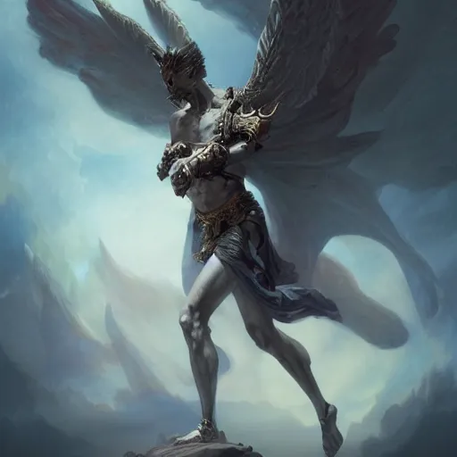 Prompt: full body shot of a male god with wings on his shoulder, highly detailed, by raymond swanland and peter mohrbacher, digital paint, rule of third, fantasy, elegant, matte, 4 k, cinematic lighting