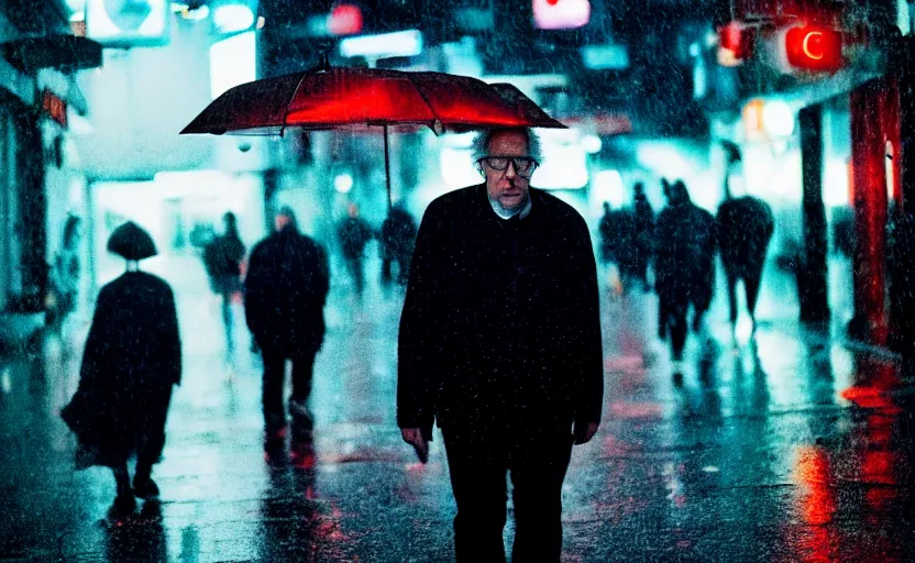 Image similar to cinestill 5 0 d candid photographic portrait by david cronenberg of todd solondz walking the streets of tel aviv, modern cyberpunk moody emotional cinematic, closeup, pouring rain menacing lights shadows, 8 k, hd, high resolution, 3 5 mm, f / 3 2, ultra realistic faces, ex machina