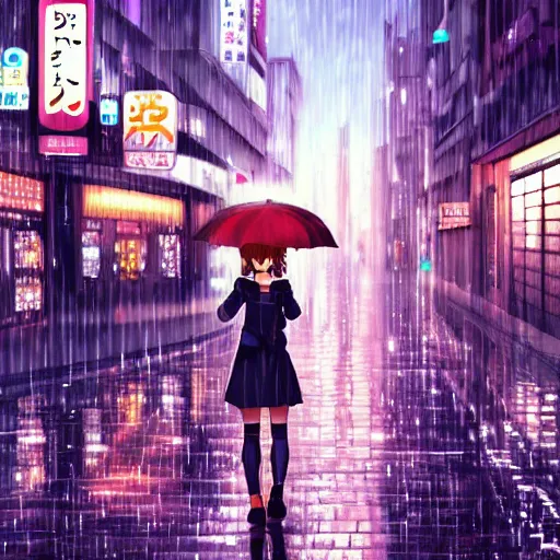 Image similar to beautiful smiling anime girl walking in rainy osaka city center at night, anime key visual, digital art, anime screenshot, kyoto animation, makoto shinkai, trending on artstation