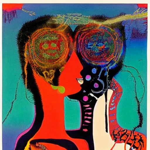 Image similar to beautiful painting of two bizarre psychedelic women kissing each other closeup in japan 1 9 7 0, speculative evolution, mixed media collage by basquiat and alex grey, magazine collage art, sapphic art, lesbian art