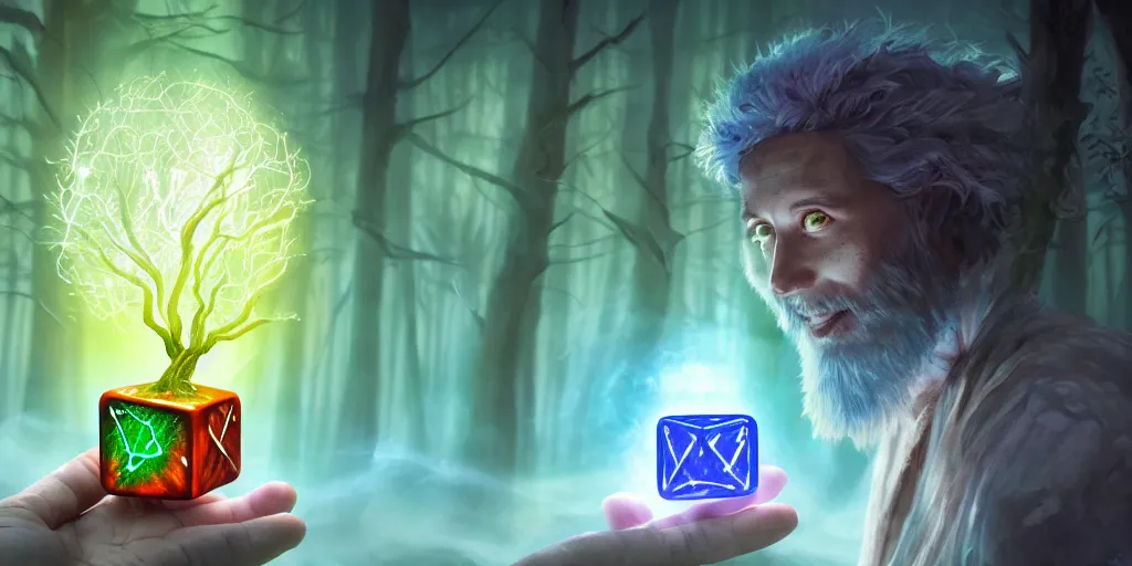 Image similar to a mythical, magical forest spirit wizard casting a spell on a 3 d cube dice, glowing energy, fantasy magic, by willian murai and jason chan and marco bucci, hyper detailed and realistic, illustration, sharp focus, cinematic, rule of thirds, foresthour