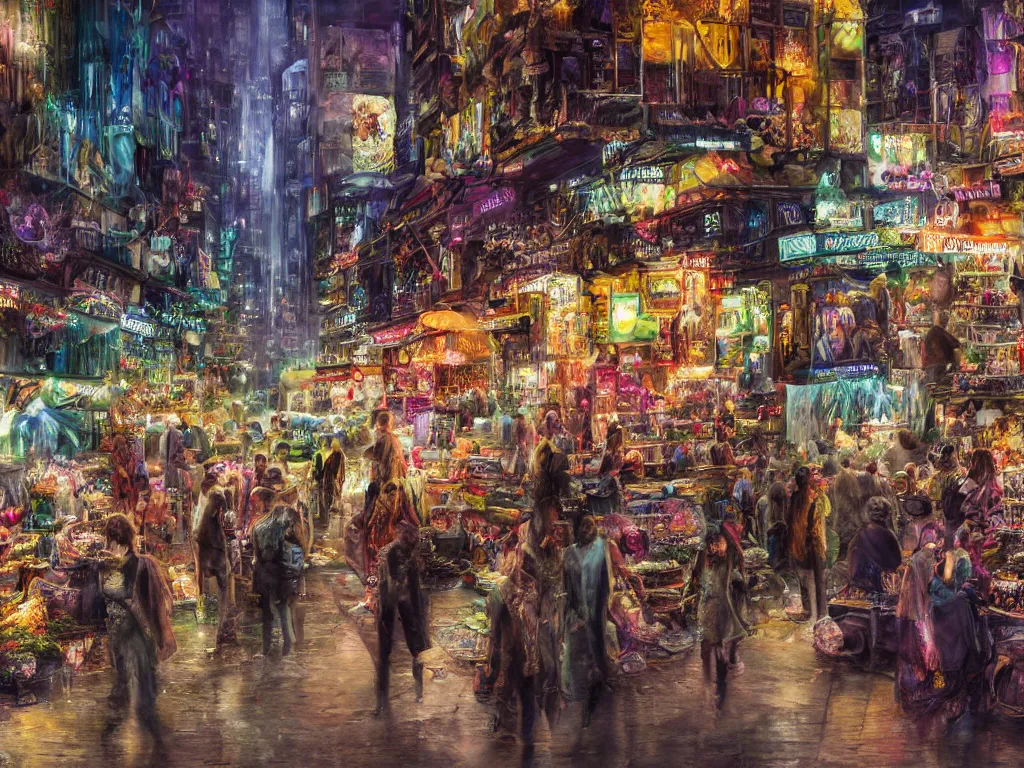 Prompt: hyperrealistic matte painting, a solemn night, defied by spirit, pulse, and flow, the vibrant echoes of the market, drifters, traders, collectors, and travelers, within radiate connection, forming an oasis of vivid lights within the shallow city, dark, ultradetailed, vibrant people, vivid color, crowded people, huts, stores, close up, artistic style, eye level shot, cyberpunk style, blue color scheme, by Carl Gustaf Hellqvist, George Luks