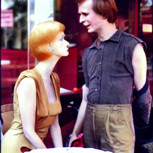 Prompt: 1981 color archival photo of a glamorous woman in a dress, and Casper the Friendly Ghost, in a sidewalk cafe, 16mm film soft color, earth tones and soft color 1981, live-action archival footage, in style of doris wishman russ meyer, woman looks like young mia farrow