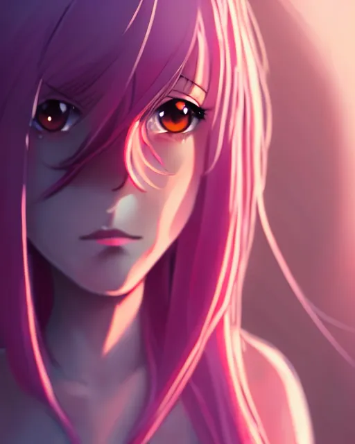 Prompt: Girl by Andrew Khok and Aniplex, Alicization, flowing hair, anime, symmetrical face, pink eyes, (((sunset))), evening, low light, sharp, trending on artstation, artstationHD, artstationHQ, patreon, 4k, 8k, beautiful