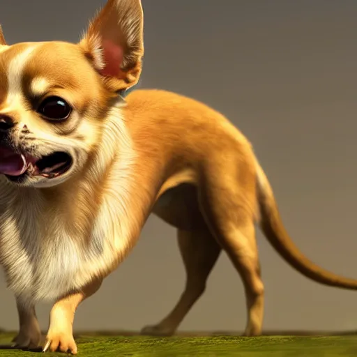 Prompt: chihuahua standing on a hill looking like a lion but it's a chihuahua, highly realistic digital art, 4 k, raytracing