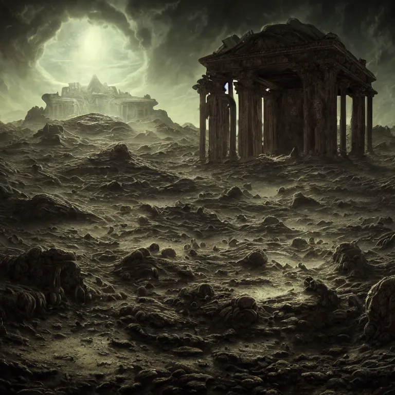 Prompt: surreal ancient alien abandoned temple on exoplanet, wrecked technology, dark clouds, surreal abandoned buildings, dream-like heavy atmosphere, baroque painting, beautiful detailed intricate insanely detailed octane render trending on Artstation, 8K artistic photography, photorealistic, dramatic volumetric cinematic light, chiaroscuro, Raphael, Caravaggio, Beksinski, Giger