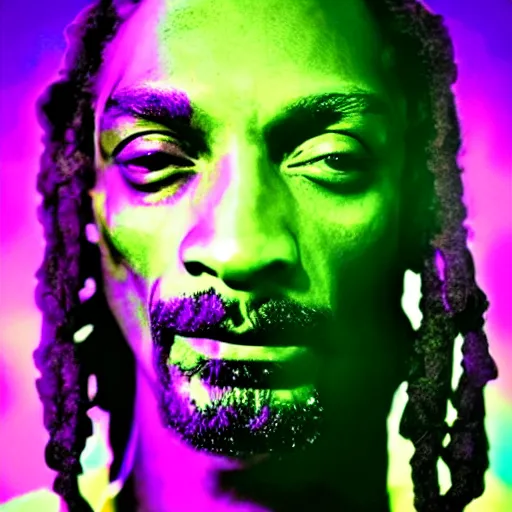 Prompt: psychedelic snoop dogg with luminous scars, lasers and neon and a halo of light