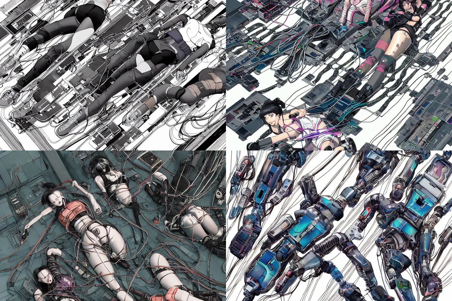 Prompt: a cyberpunk illustration of a group of three female androids in style of masamune shirow, lying on an empty, white floor with their bodies scattered across in different poses and cables and wires coming out, by yukito kishiro and katsuhiro otomo, hyper-detailed, intricate, view from above