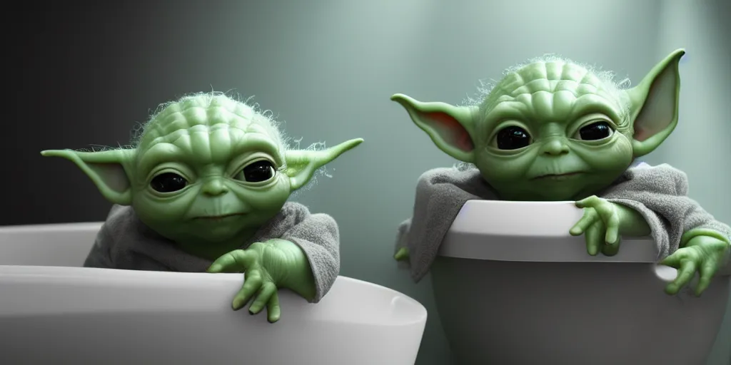 Prompt: Baby Yoda sitting in a tub taking a bubble bath, hyperdetailed, artstation, cgsociety, 8k