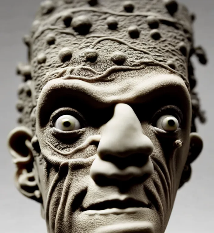 Prompt: Frankenstein , A Close up photo-real delicate ceramic porcelain sculpture of a symmetrical ornate detailed in front of an intricate background by Victo Ngai and takato yamamoto, micro detail, backlit lighting, face in focus, subsurface scattering, translucent, thin porcelain, octane renderer, colorful, physically based rendering, japanese pottery, trending on cgsociety