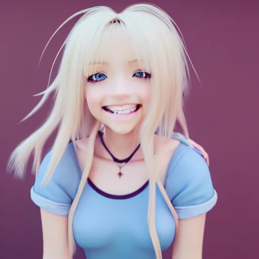 Image similar to beautiful hyperrealism selfie of a cute 3 d anime young woman smiling smugly, long light platinum blonde hair, flushed face, heart - shaped face, cute freckles, light blue eyes, golden hour, 8 k, instagram