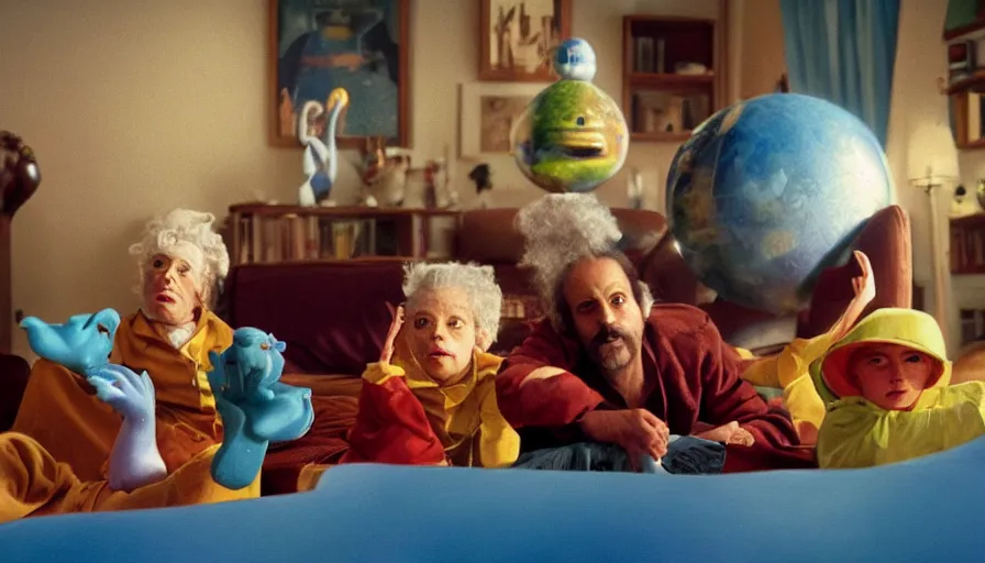 Prompt: movie still by alejandro jodorowsky of a beautiful day in a family living room in suburban usa, visible magic energy, dream magic creature costumes, floating planets, flying gold fish, parade floats, cinestill 8 0 0 t eastmancolor technicolor, high quality, very detailed, heavy grain, fine facial features, 8 k, octane render