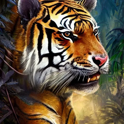 Prompt: a very high detailed tiger face on a standing muscular human body, wearing a very detailed golden kings crown, tattoo on shoulder, standing in a highly detailed jungle, digital art, concept art, greg rutkowski, Nikolai Karelin, Hou China, trending artstation