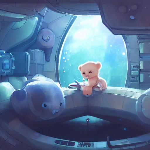Prompt: cute astrobabybear sleeping in a space station, fantasy, concept art, artstation, tyler edlin, feng zhu