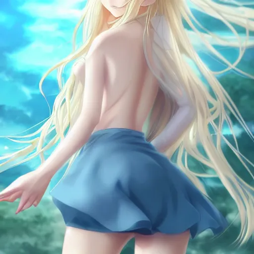 Image similar to a very beautiful anime cute girl, full body, long wavy blond hair, sky blue eyes, full round face, short smile, tight top, miniskirt, front view, medium shot, mid-shot, highly detailed, cinematic wallpaper by Stanley Artgerm Lau