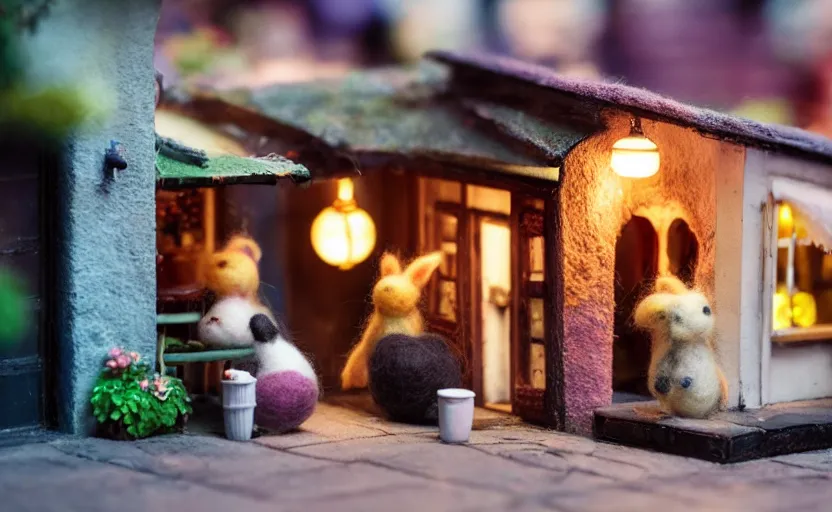 Image similar to miniature cafe diorama macro photography, cafe with felted bunnies on a date, alleyway, ambient, atmospheric, british, cozy, bokeh, romantic, colorful lanterns