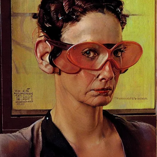 Image similar to Frontal portrait of a biopunk woman. A painting by Norman Rockwell.