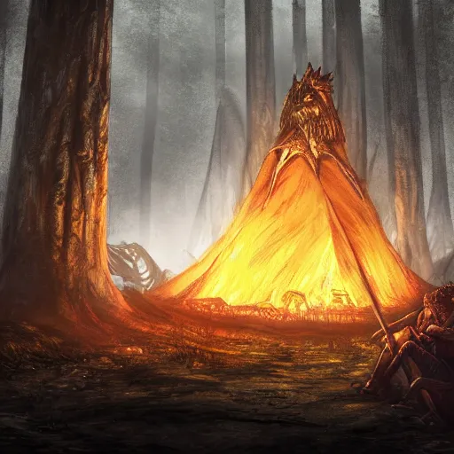 Prompt: Ancient Dragon boss from dark souls 2 sleeping near a camp fire, evening time, fog, heavy rain, rain water reflections in ground, digital illustration, crisp details, highly detailed art, 8k image quality, full body camera shot