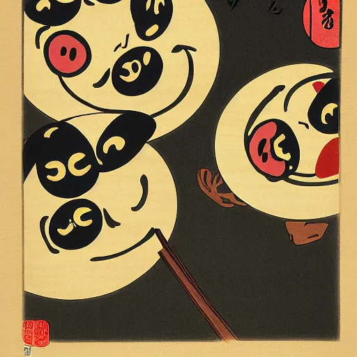 Image similar to traditional japanese ukiyo - e depicting happy smiley coffee cups in a beautiful natural environment