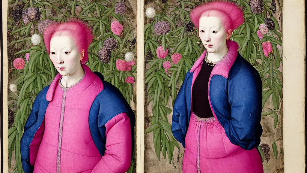 Prompt: portrait of a woman with pink hair, wearing a blue puffer jacket and baggy jeans, standing in a room full of plants and flowers, white background, intricate details, high detail, in the style of rogier van der weyden and jacopo da pontormo, punk, asian art,