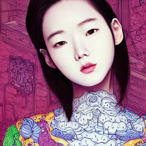 Image similar to the portrait of an unbelievably beautiful, elegant, and sophicated young korean instagram model partially made of broccoli, an ultrafine detailed illustration by james jean, intricate linework, bright colors, final fantasy, behance contest winner, vanitas, angular, altermodern, unreal engine 5 highly rendered, global illumination, radiant light, detailed and intricate environment