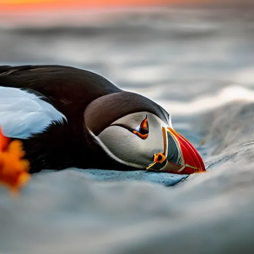 Prompt: puffin sleeping in an oversized bed, sunset