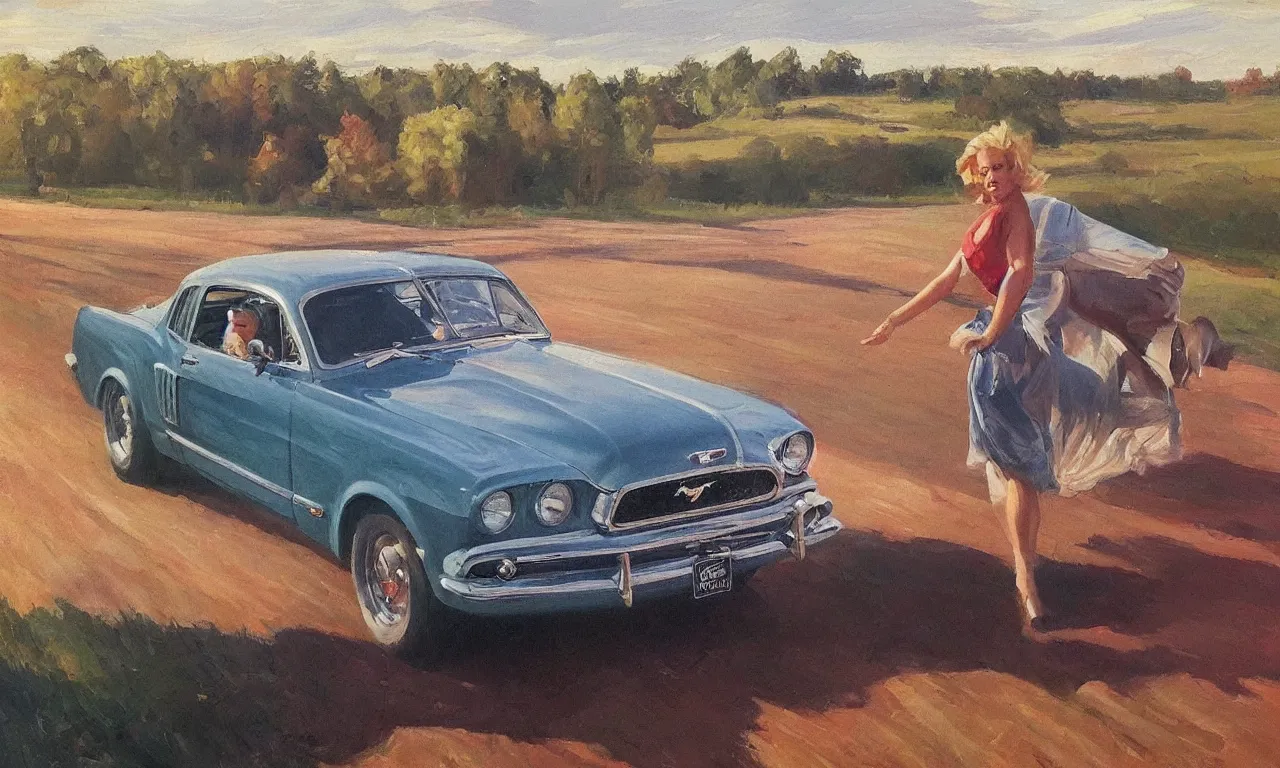 Image similar to 1950 blonde driving a Ford mustang on a country road, Swedish countryside, freedom, dawn, impressionism, realistic, painting, trending on artstation, beautiful, masterpiece