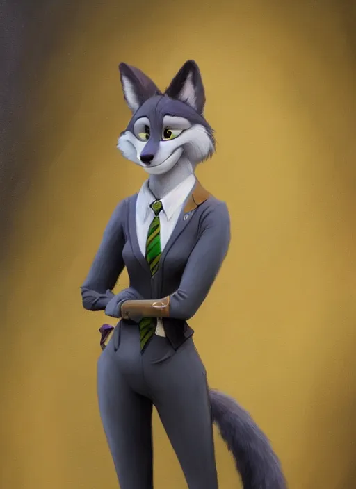 Image similar to oil painting detailed full body of anthromorphic female wolf, in style of zootopia, zootopia, zootopia, fursona, furry, furaffinity, 4 k, deviantart, furry art, fursona art, wearing black business suit, business suit, in style of zootopia, wolf fursona, cyberpunk, female, expressive, detailed feminine face,