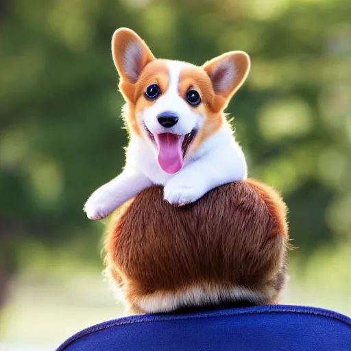 Prompt: 8k highly detailed photograph of a tiny person riding on the back of an adorable corgi, like a horse. blue saddle