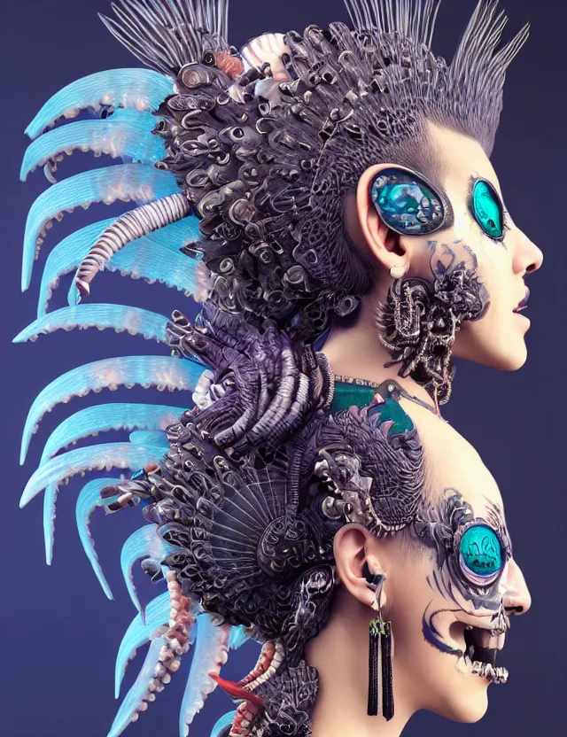 Image similar to 3 d goddess close - up profile portrait punk with mohawk with ram skull. beautiful intricately detailed japanese crow kitsune mask and clasical japanese kimono. betta fish, jellyfish phoenix, bio luminescent, plasma, ice, water, wind, creature, artwork by tooth wu and wlop and beeple and greg rutkowski