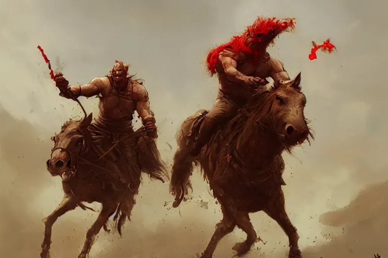 Prompt: Red ogre riding a horse, funny, portrait, Greg rutkowski