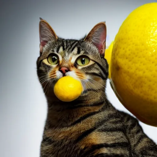 Prompt: photo of a tabby cat with a lemon for a head