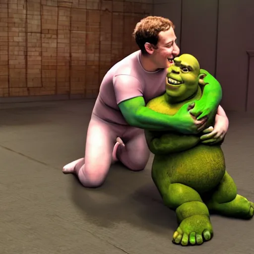 Prompt: mark zuckerberg and shrek wrestling