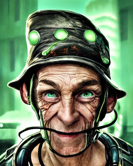 Image similar to an intimate portrait of a gnarly human cyberpunk captain, old skin, faded hat, crooked teeth, green eyes, a look of menace, detailed matte fantasy painting