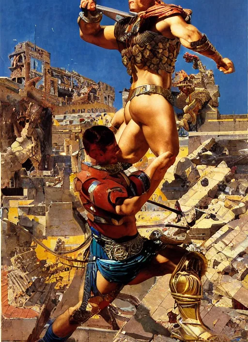 Image similar to jocko willink as huge warrior fighting godlike at the walls of troy, dynamic action science fiction, by john berkey and lawrence alma tadema and rick berry and norman rockwell and jack kirby