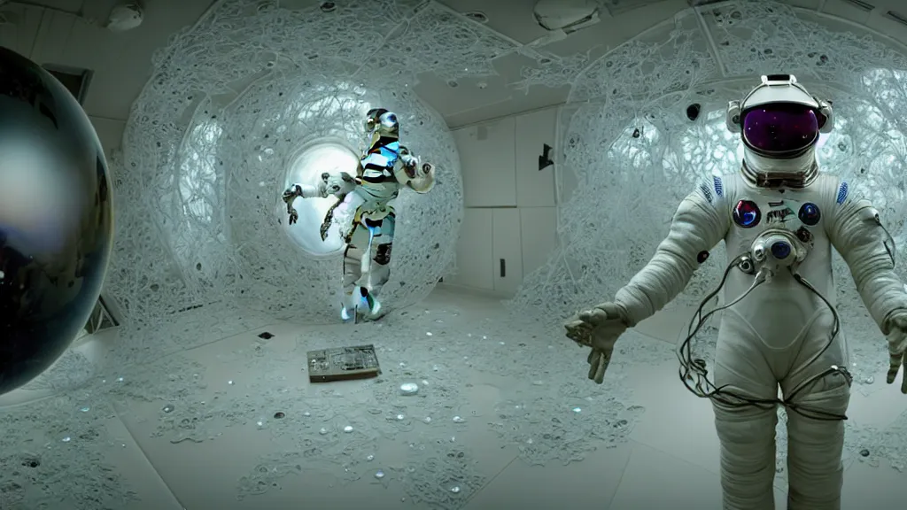 Image similar to a cybernetic symbiosis of a single astronaut eva suit with diamond 3d fractal lace iridescent bubble 3d skin covered with insectoid compound eye camera lenses floats through the living room, film still from the movie directed by Denis Villeneuve with art direction by Salvador Dalí, wide lens,