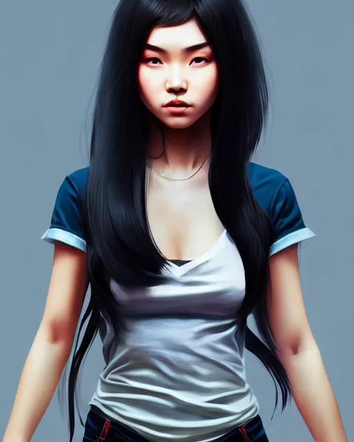 Image similar to full 1 2 0 mm face shot of a beautiful kazakh girl, in tshirt, furious, by saruei and guweiz and ilya kuvshinov and george miller, digital art, highly detailed, intricate, sharp focus, trending on artstation hq, deviantart, pinterest, unreal engine 5, 4 k uhd image