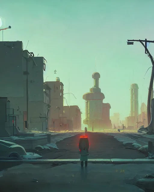 Image similar to a beautiful painting of apocalyptic soviet ruined city, by simon stalenhag, cory loftis, james gilleard, atey ghailan, rim light, exquisite lighting, clear focus, very coherent, plain background, soft painting