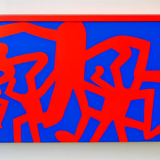 Image similar to acrylic abstract painting on canvas using primary red and blue, by keith haring