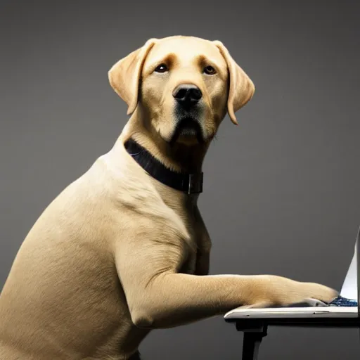 Prompt: a labrador wearing human clothes trying to figure out how to use the laptop. somber tone